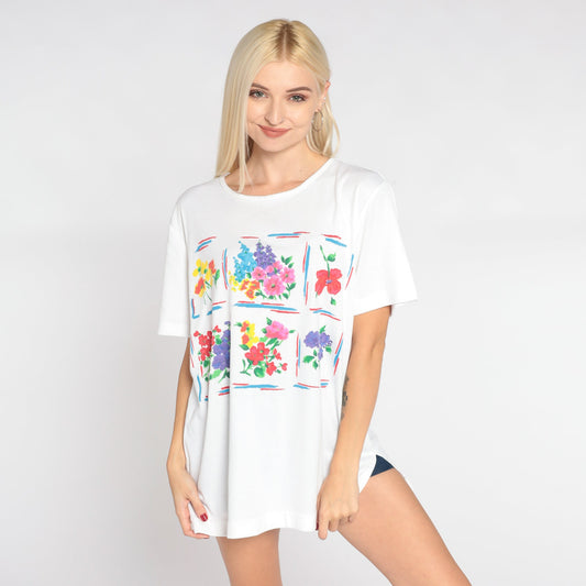 90s Watercolor Floral Graphic Tee White Single Stitch Wildflower Print Extra Large
