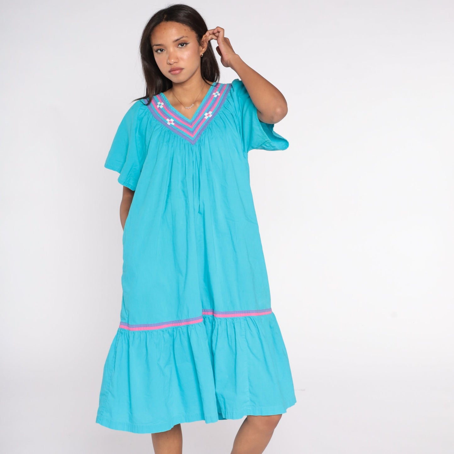 90s Turquoise Cotton Midi Dress Pink Purple Trim Trapeze Tiered Medium M