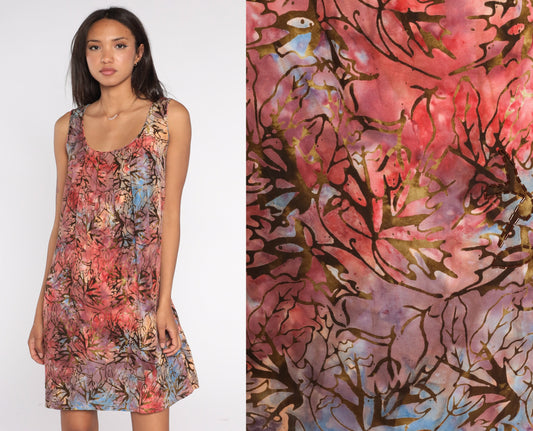 Y2K Tie Dye Leaf Print Mini Dress Sleeveless Pleated Bodice Pink Purple Blue Small S
