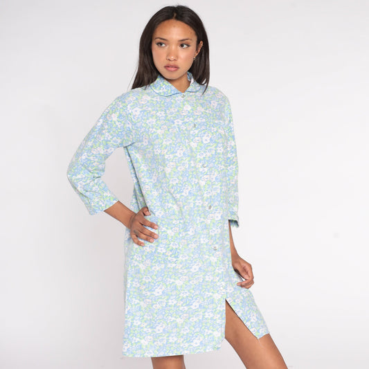 90s Blue Floral Mini Nightgown Peter Pan Collar Snap Front Medium