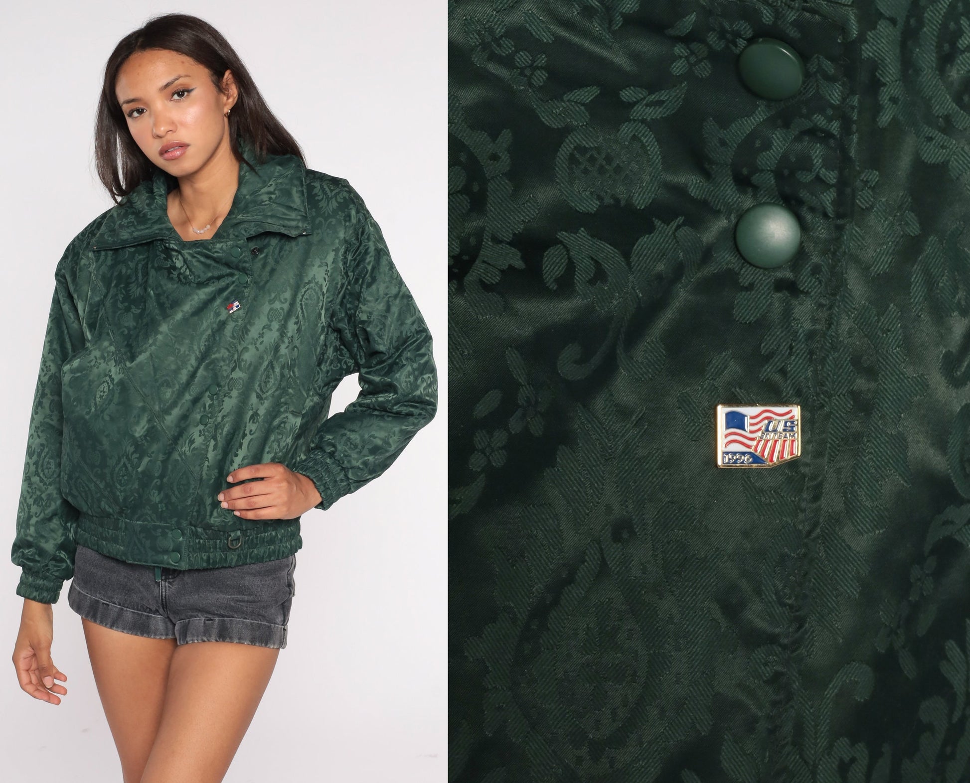 90s Brocade Floral Bomber Jacket Dark Green Embossed Zip Snap Medium