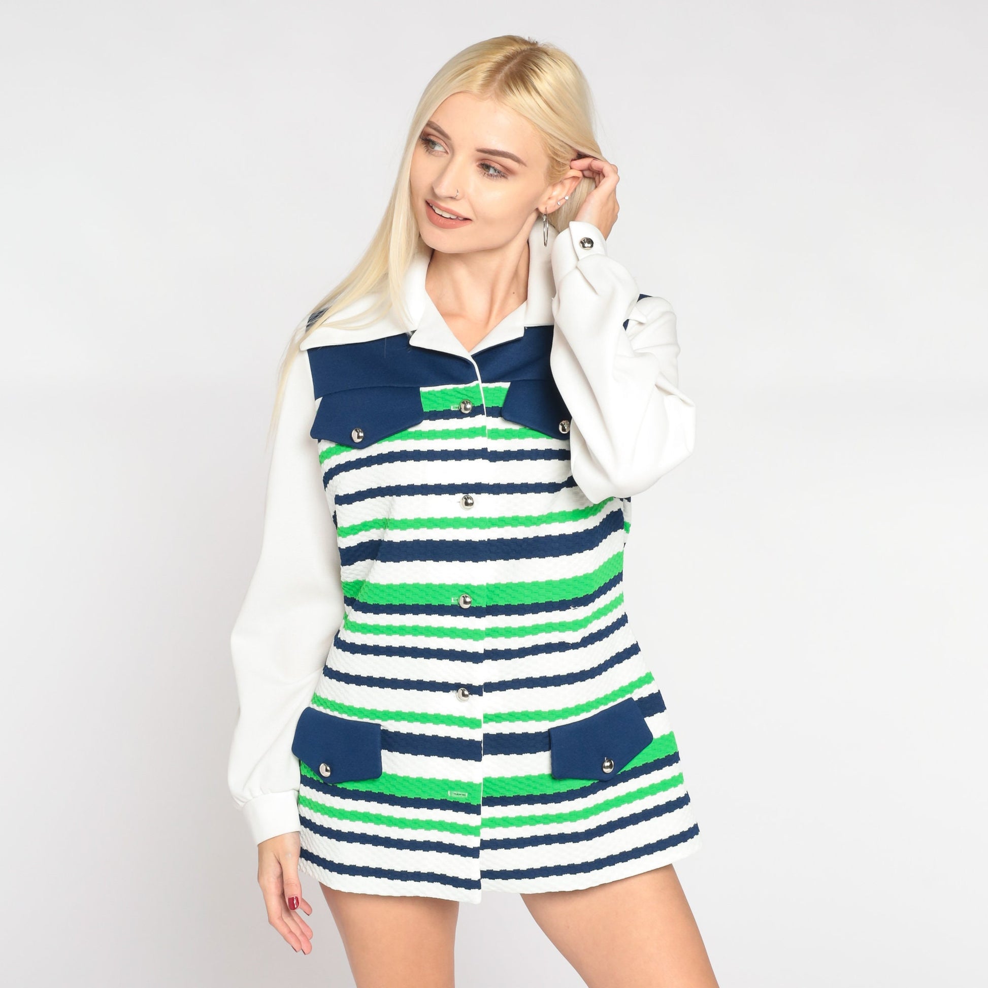 70s Dagger Collar Striped Button-Up Blouse White Blue Green Long Sleeve Medium Large