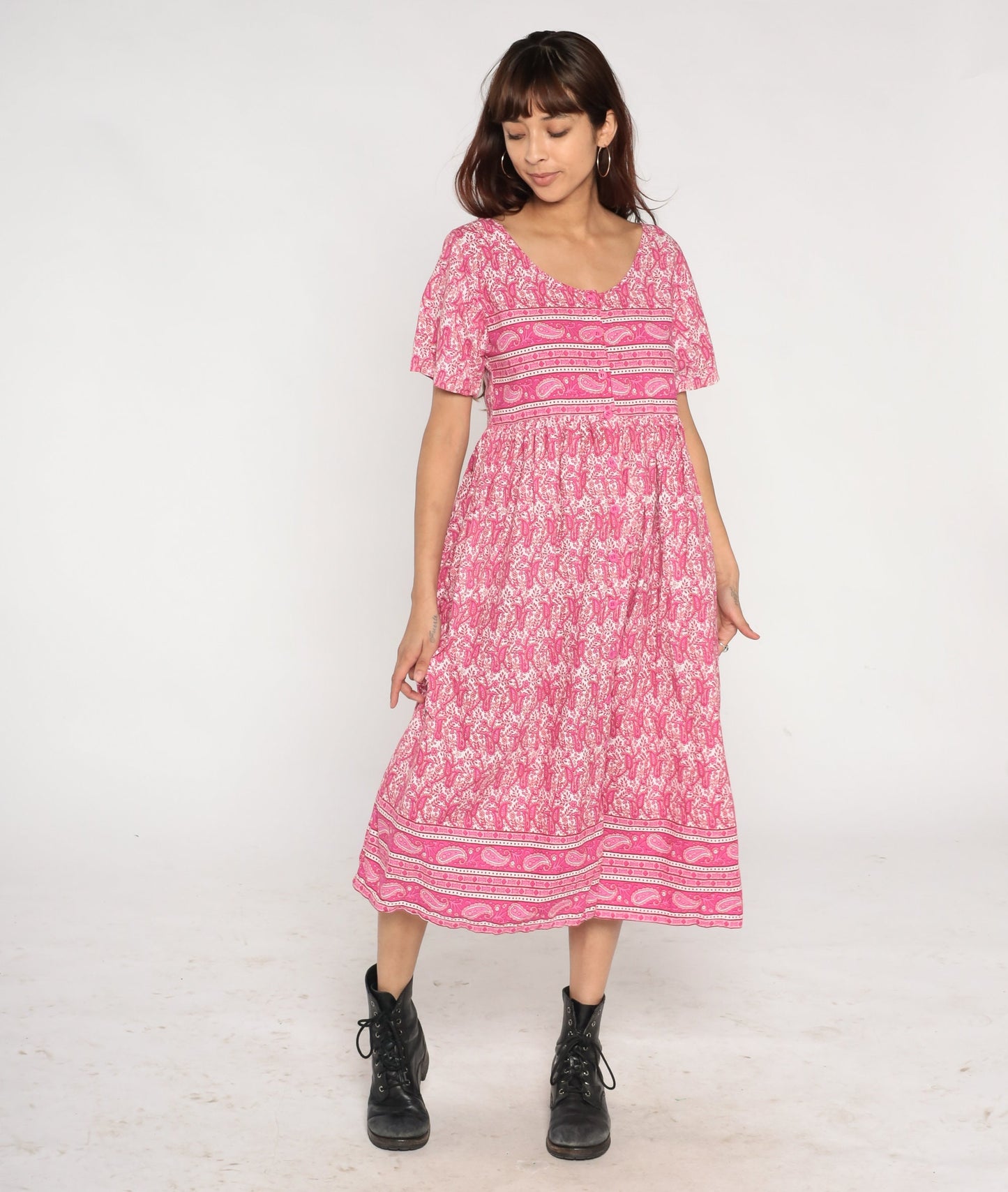 Y2K Pink Paisley Midi Shirtdress High Waist Button Front Cotton Small