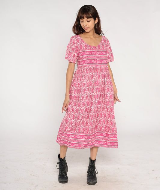 Y2K Pink Paisley Midi Shirtdress High Waist Button Front Cotton Small