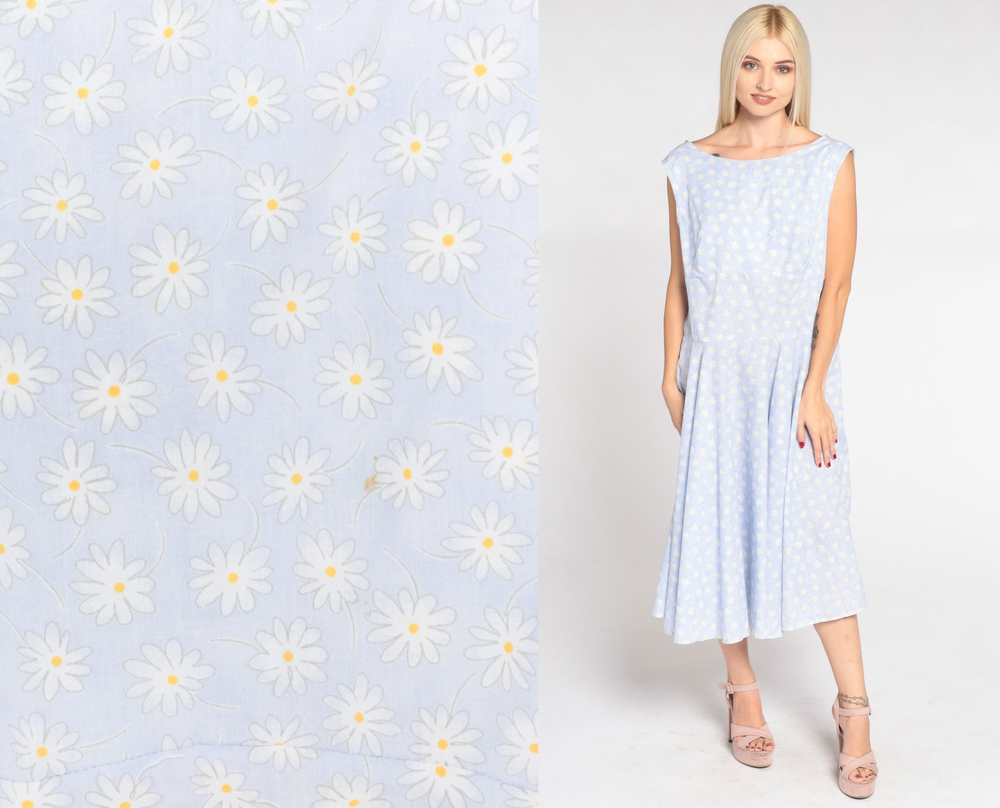 90s Blue Daisy Print Midi Dress High Waist Low Back Sleeveless Large