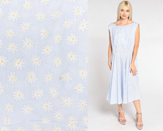 90s Blue Daisy Print Midi Dress High Waist Low Back Sleeveless Large