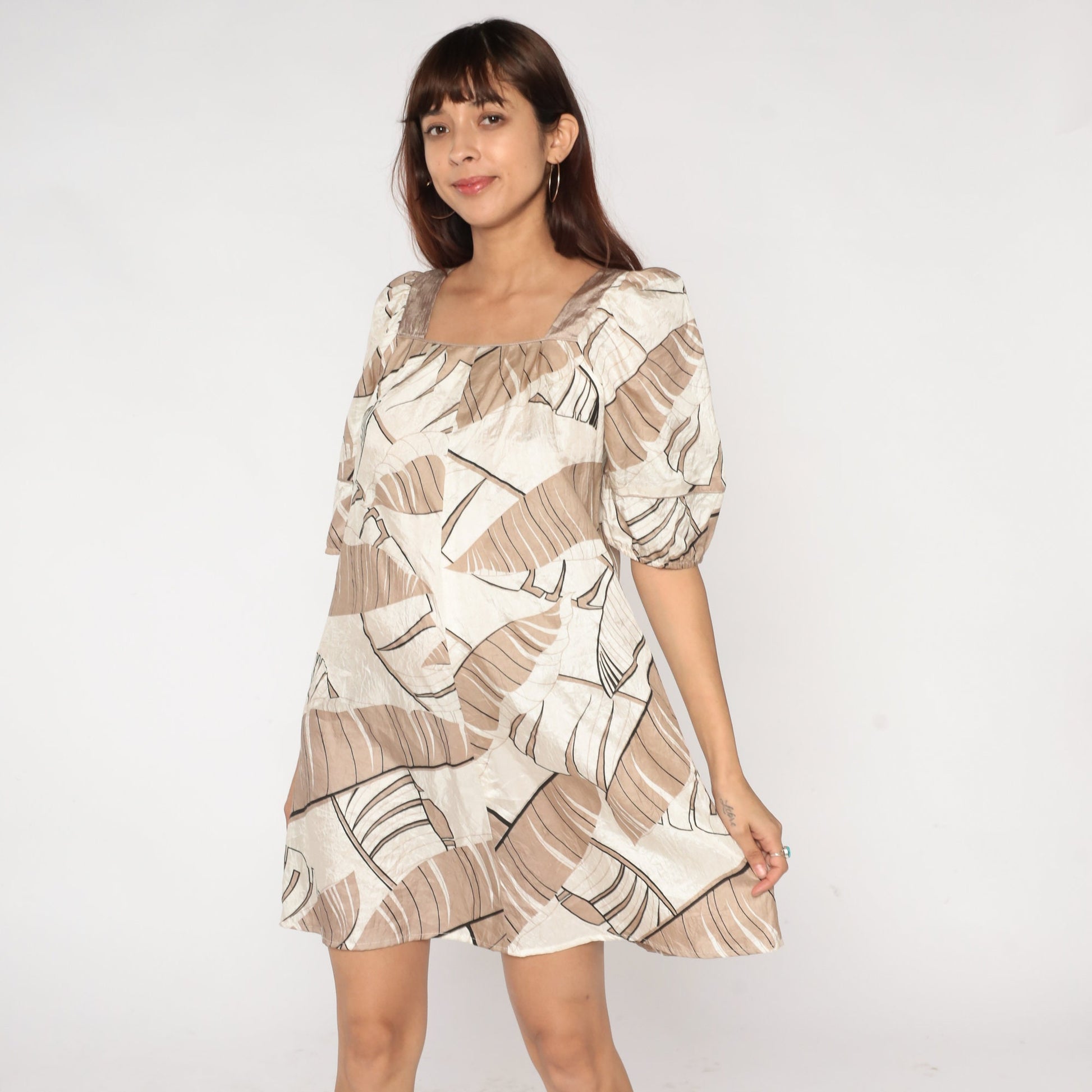 90s Tropical Leaf Print Mini Dress Puff Sleeve Shift Brown Cream Small