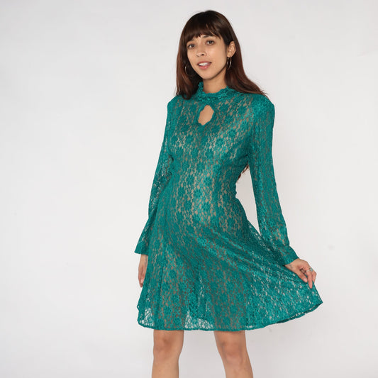 90s Green Lace Mini Dress Keyhole Neckline Long Sleeve Medium