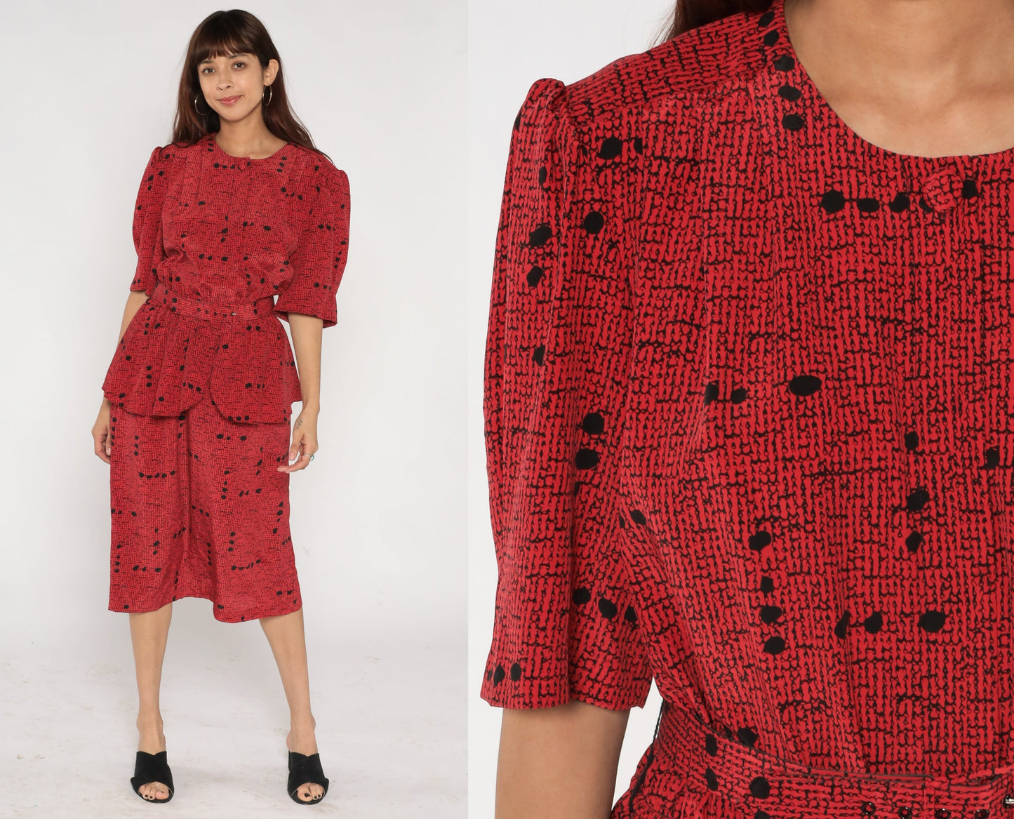 80s Red Speckled Dot Print Peplum Dress Puff Sleeve High Waist Midi Large