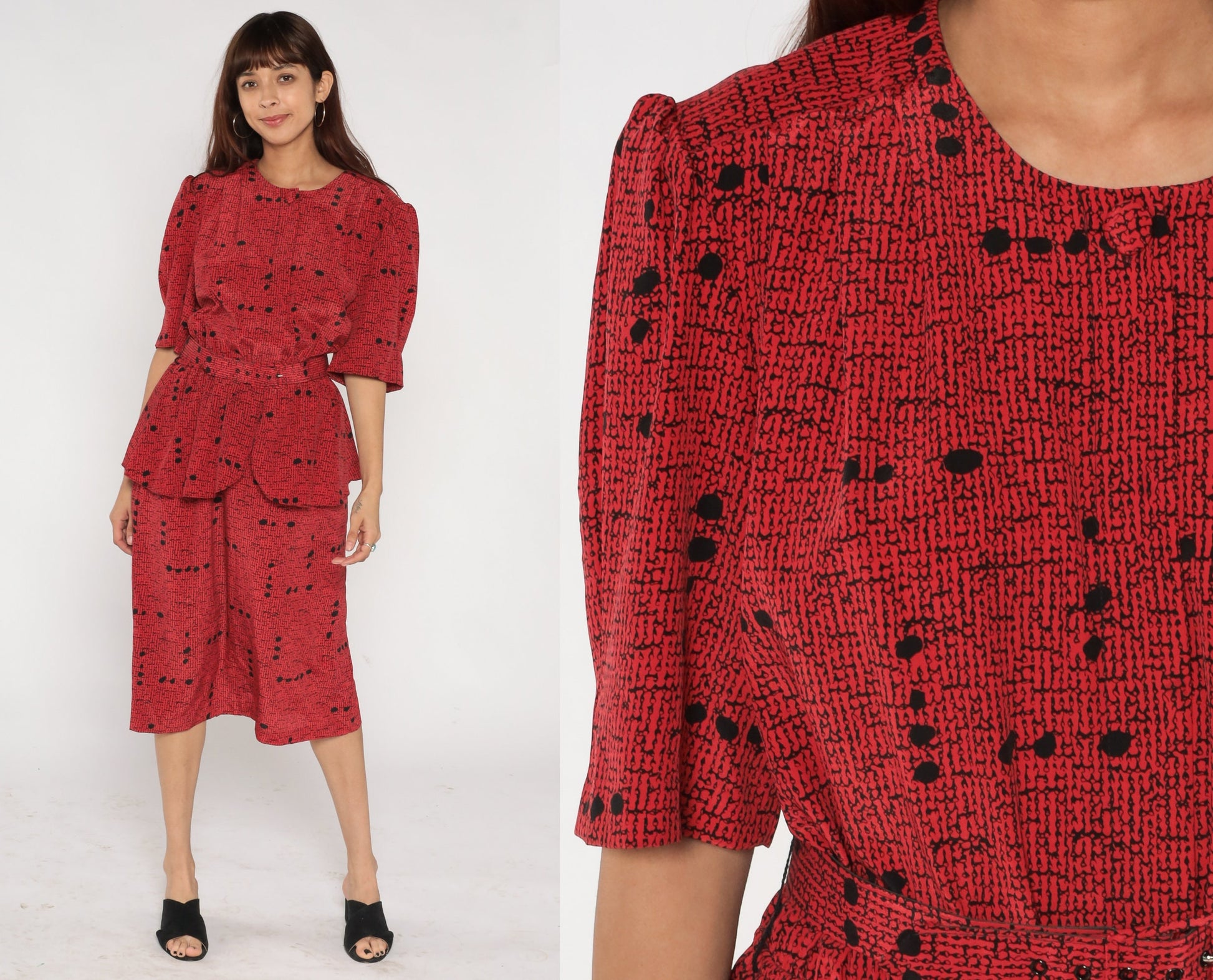 80s Red Speckled Dot Print Peplum Dress Puff Sleeve High Waist Midi Large