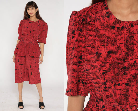 80s Red Speckled Dot Print Peplum Dress Puff Sleeve High Waist Midi Large