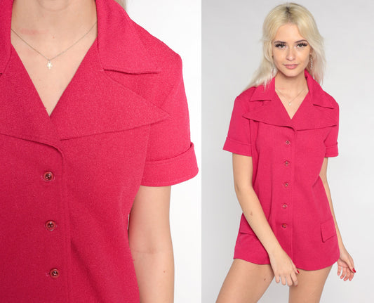 70s Fuchsia Pink Wing Collar Blouse Button-Up Short Sleeve Medium M