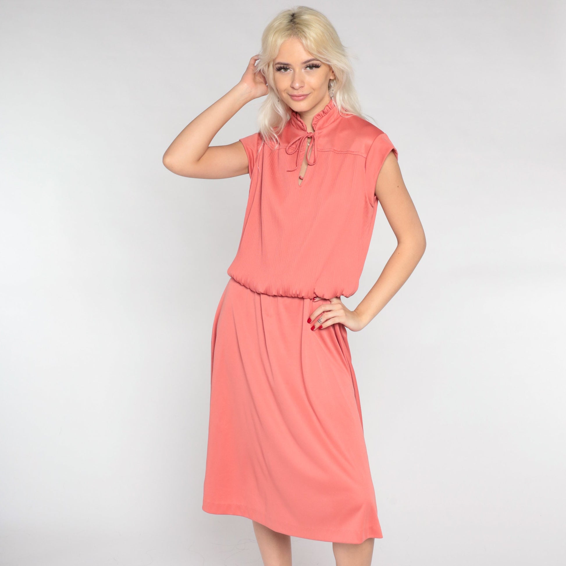 70s Terracotta Midi Dress Keyhole Cap Sleeve Blouson High Waist Medium Large