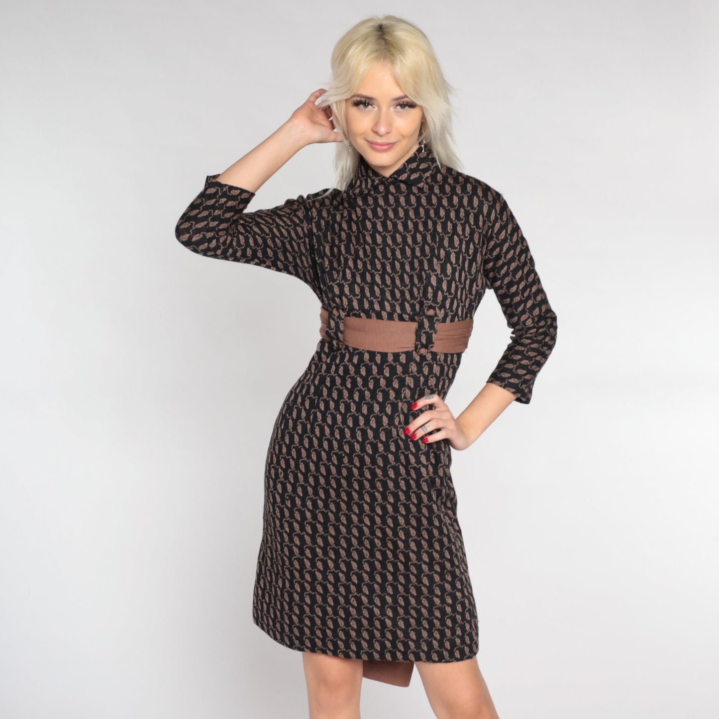 60s Wool Leaf Print Mini Shift Dress Empire Waist Mod Black Brown Extra Small XS