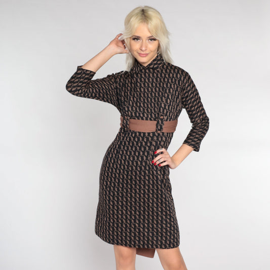 60s Wool Leaf Print Mini Shift Dress Empire Waist Mod Black Brown Extra Small XS