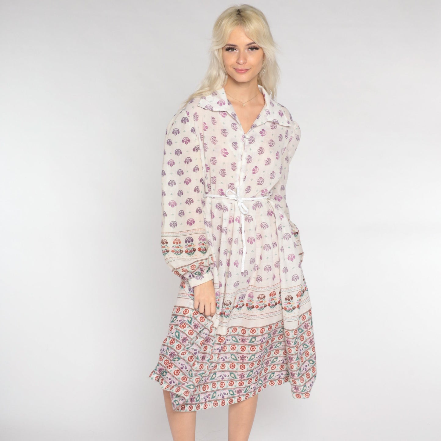 70s White Floral Midi Shirtdress Drawstring Waist Balloon Sleeve Collared Extra Large