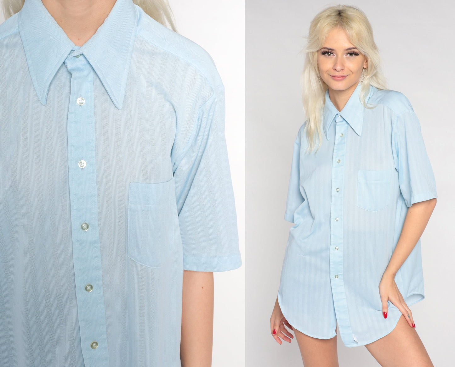 70s Baby Blue Dagger Collar Button-Up Shirt Short Sleeve Men's Large