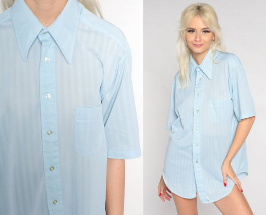 70s Baby Blue Dagger Collar Button-Up Shirt Short Sleeve Men's Large