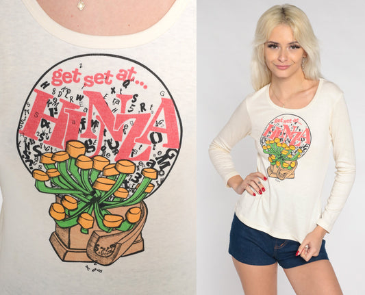 70s Get Set at Hunza Graphic Long Sleeve Tee Off-White Single Stitch Medium