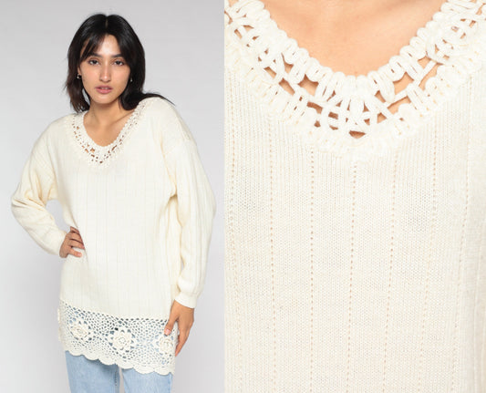 90s Cream Wool Blend Crochet Floral Sweater V-Neck Pullover Medium