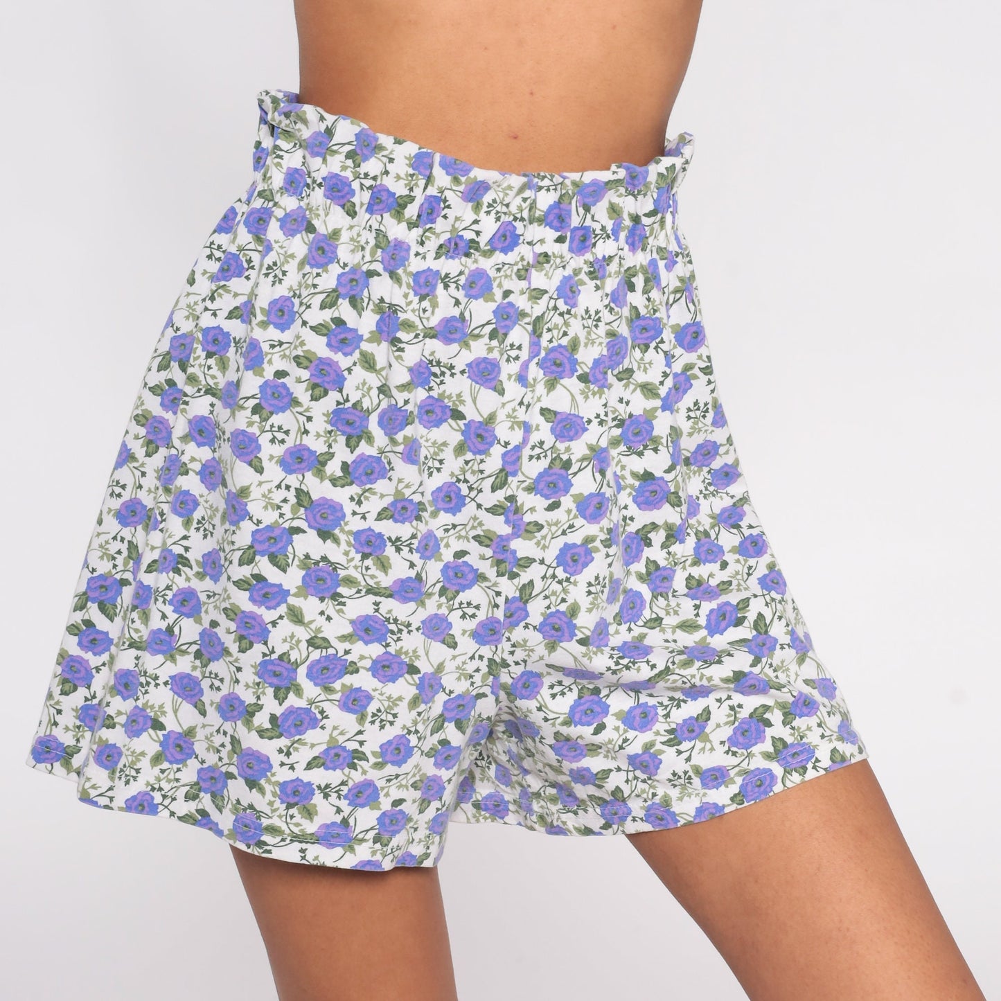 90s Fizzical Floral Paper Bag Shorts High Waist Purple White Cotton Medium Large
