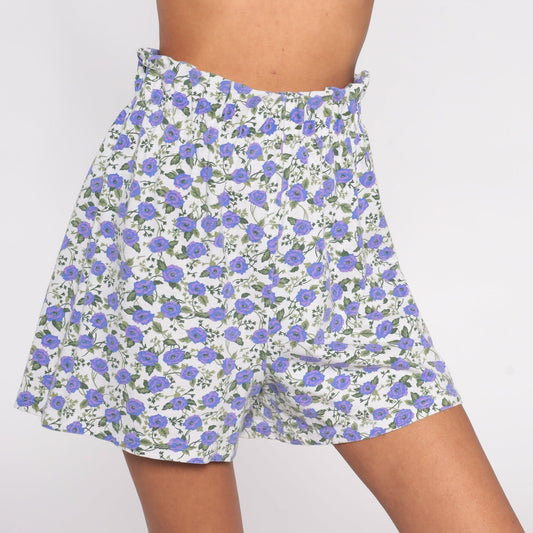 90s Fizzical Floral Paper Bag Shorts High Waist Purple White Cotton Medium Large