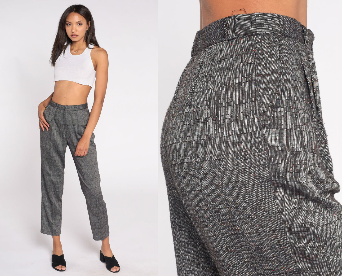 90s Grey Pleated High-Waist Trousers Tapered Small 26