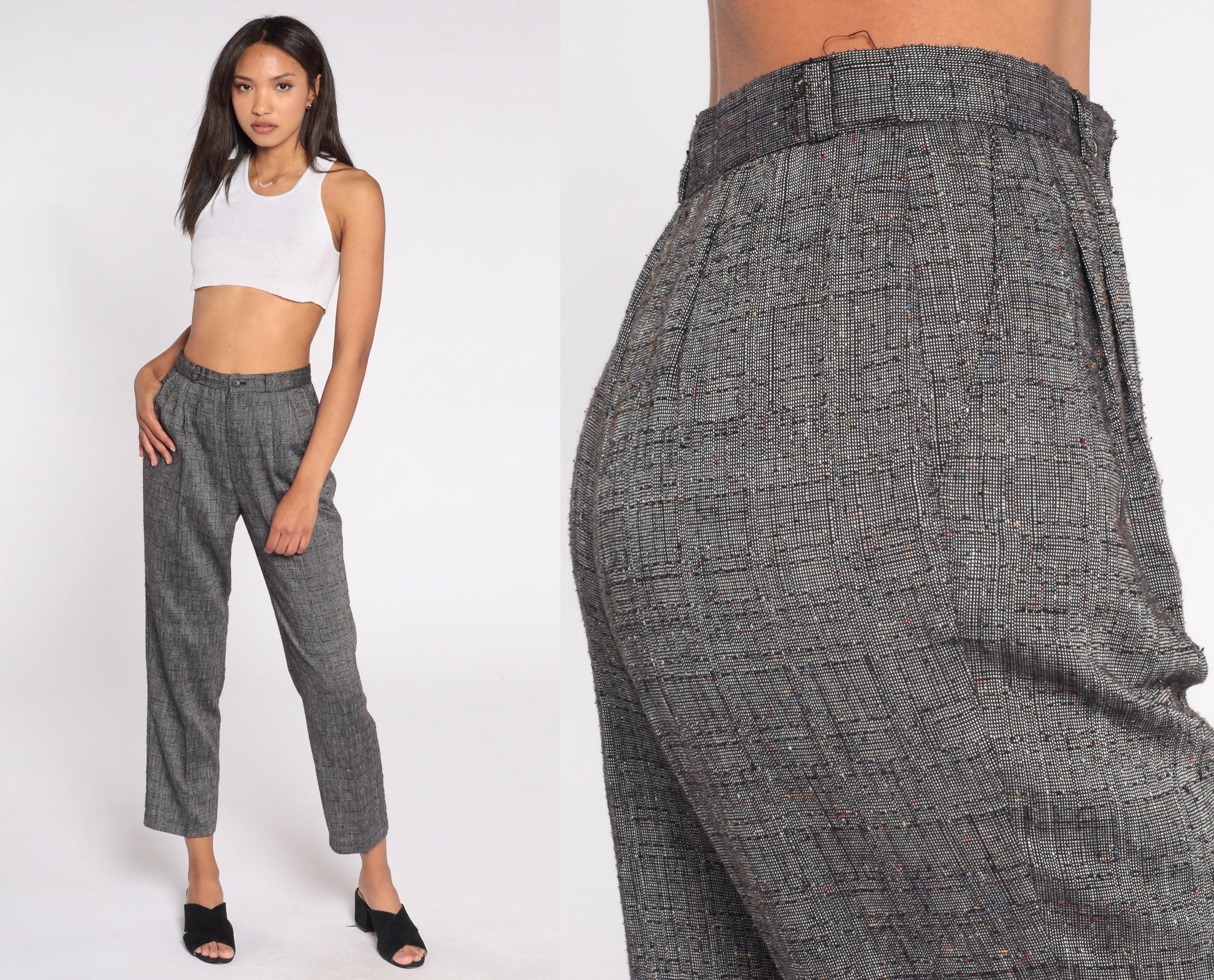 90s Grey Pleated High-Waist Trousers Tapered Small 26