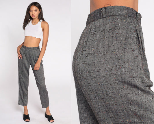 90s Grey Pleated High-Waist Trousers Tapered Small 26