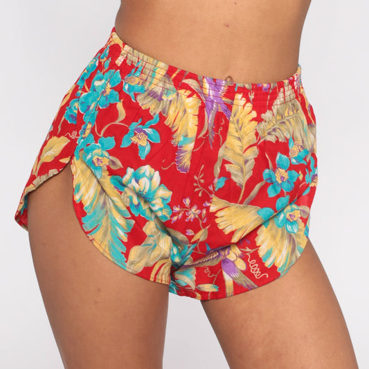 80s Red Floral High-Waist Running Shorts Tropical Gym Jogging Extra Small