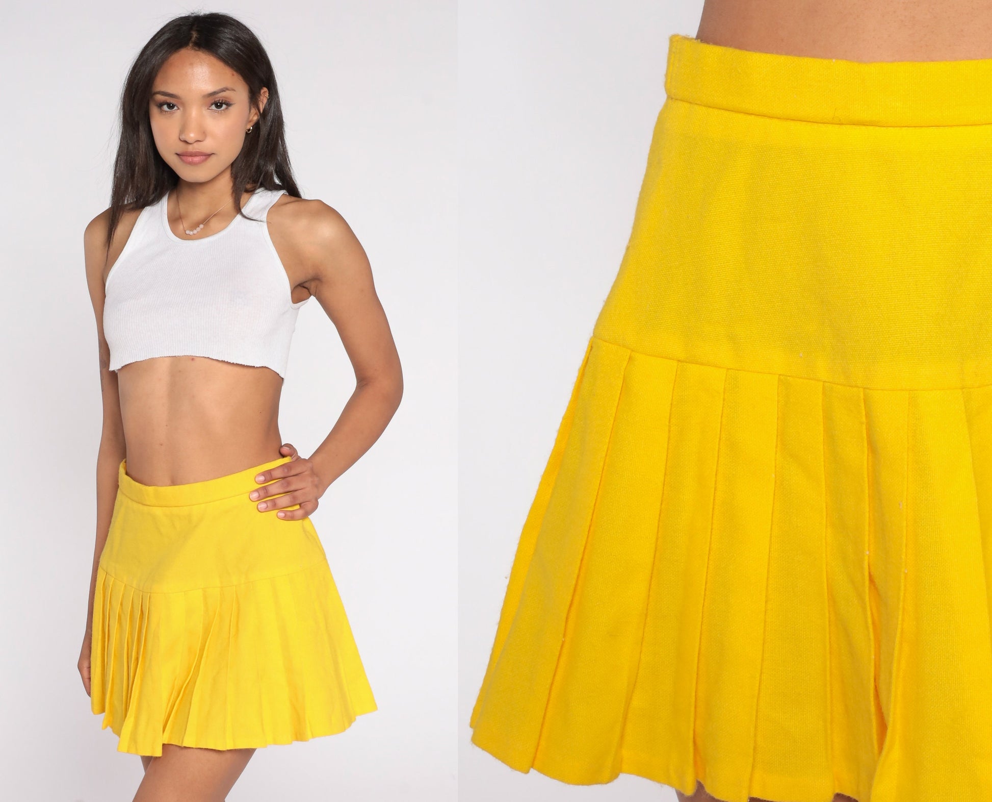 70s Albion Yellow Pleated Mini Skirt High Waist Extra Small