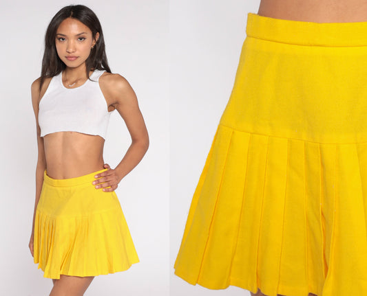 70s Albion Yellow Pleated Mini Skirt High Waist Extra Small