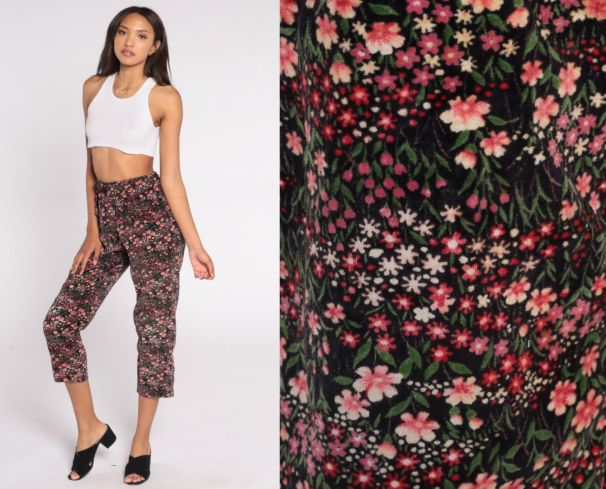 90s Black Velvet Floral Capri Pants Pink Print Elastic Waist Small Medium