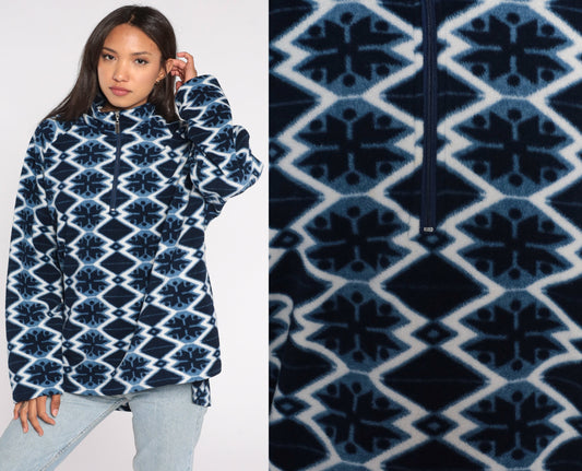 Y2K Nordic Snowflake Fleece Mock Neck Pullover Blue Extra Extra Large XXL