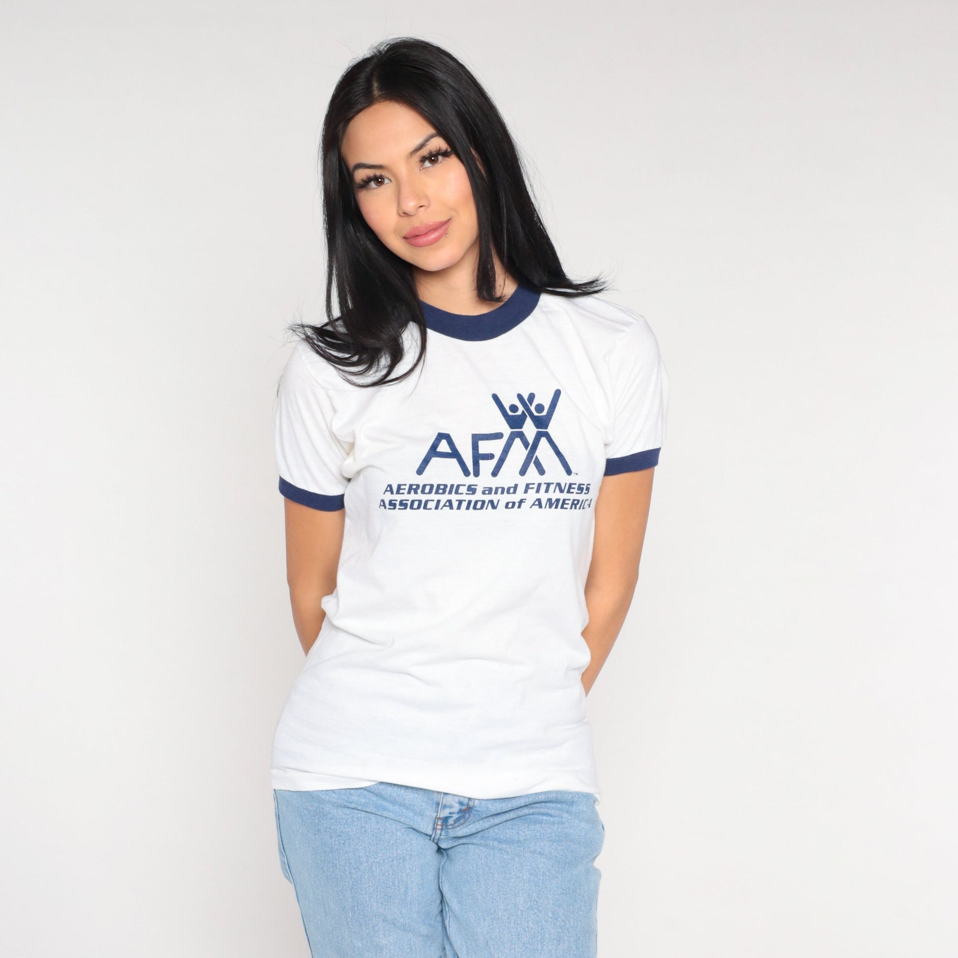 80s AFAA Athletics Fitness Association Ringer Tee White Graphic Small