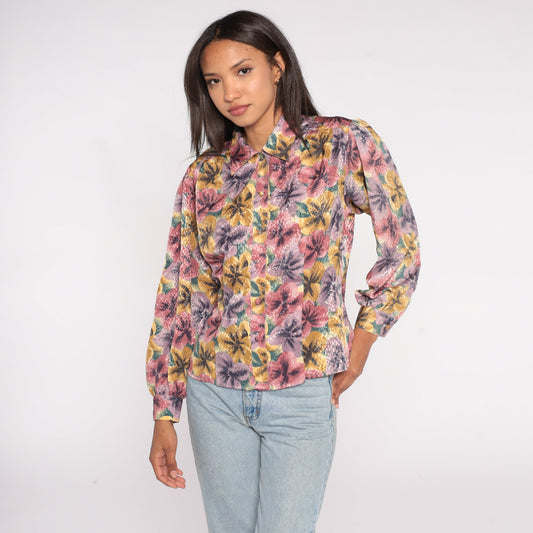90s Embossed Floral Button-Up Blouse Pink Purple Long Sleeve Collared Shirt Medium
