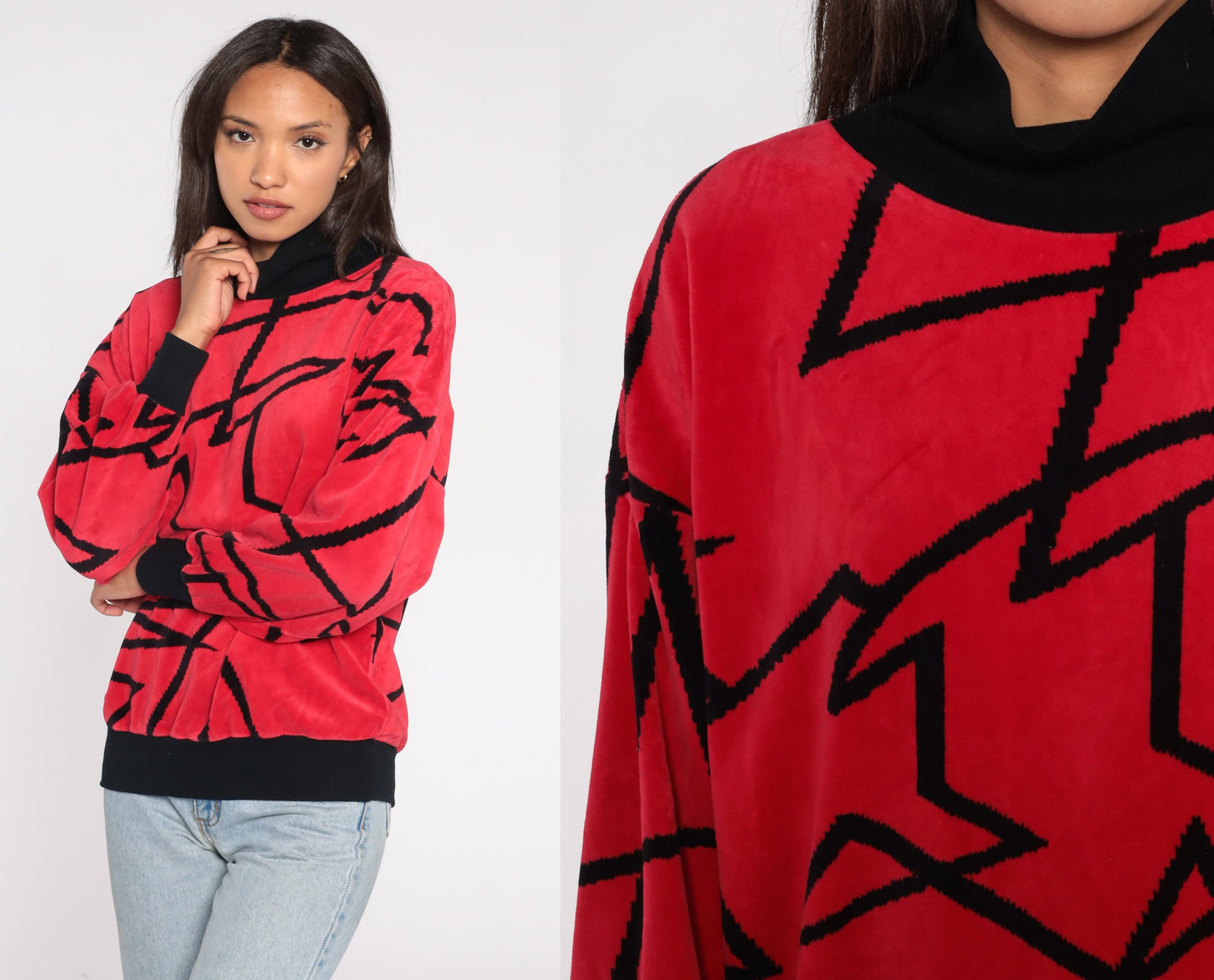 80s Red Velour Mock Neck Sweatshirt Geometric Print Pullover Medium