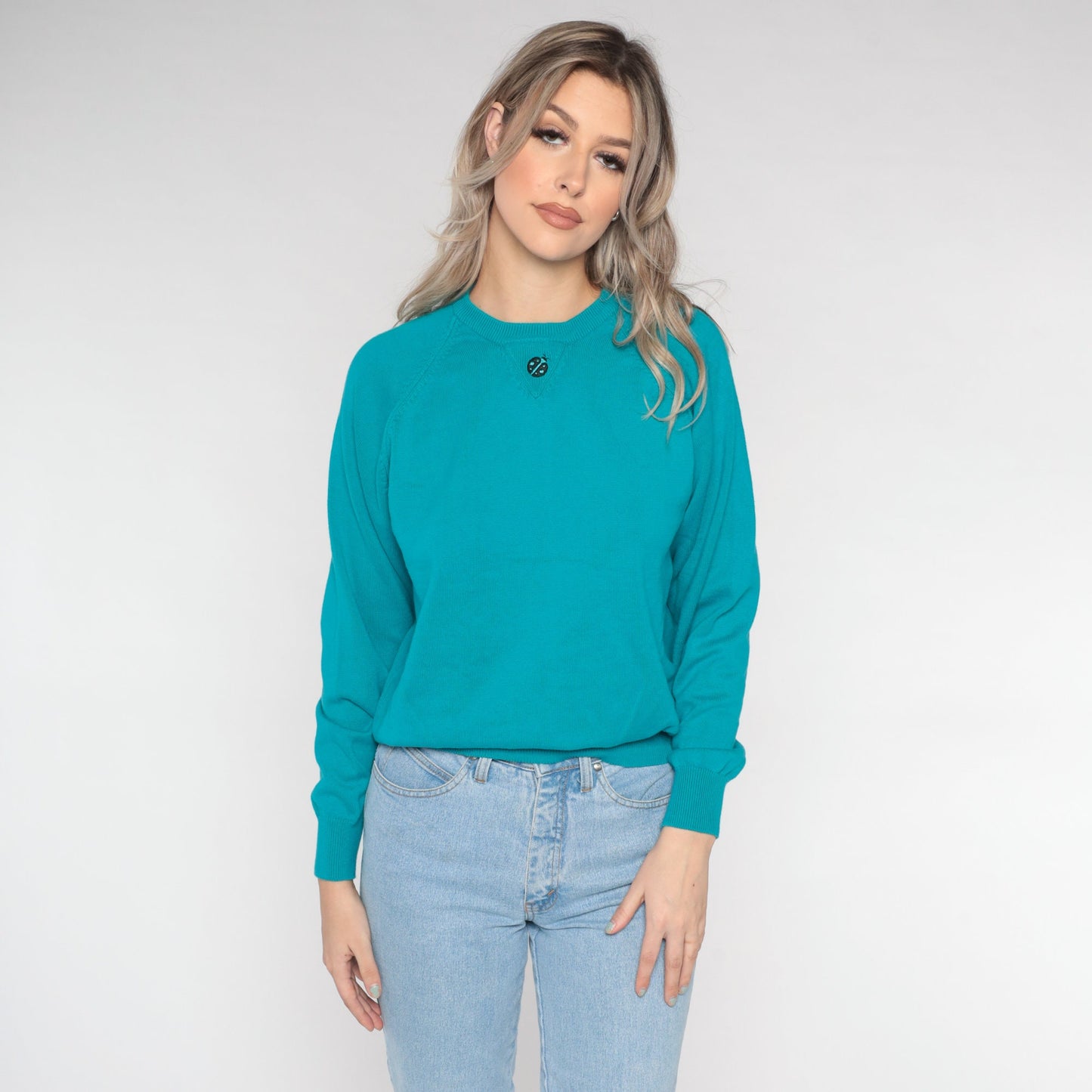90s Teal Cotton Knit Sweater Ladybug Embroidered Raglan Crewneck Medium