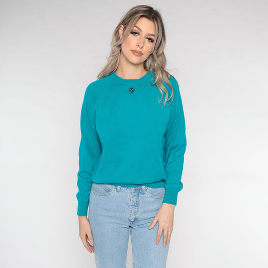 90s Teal Cotton Knit Sweater Ladybug Embroidered Raglan Crewneck Medium