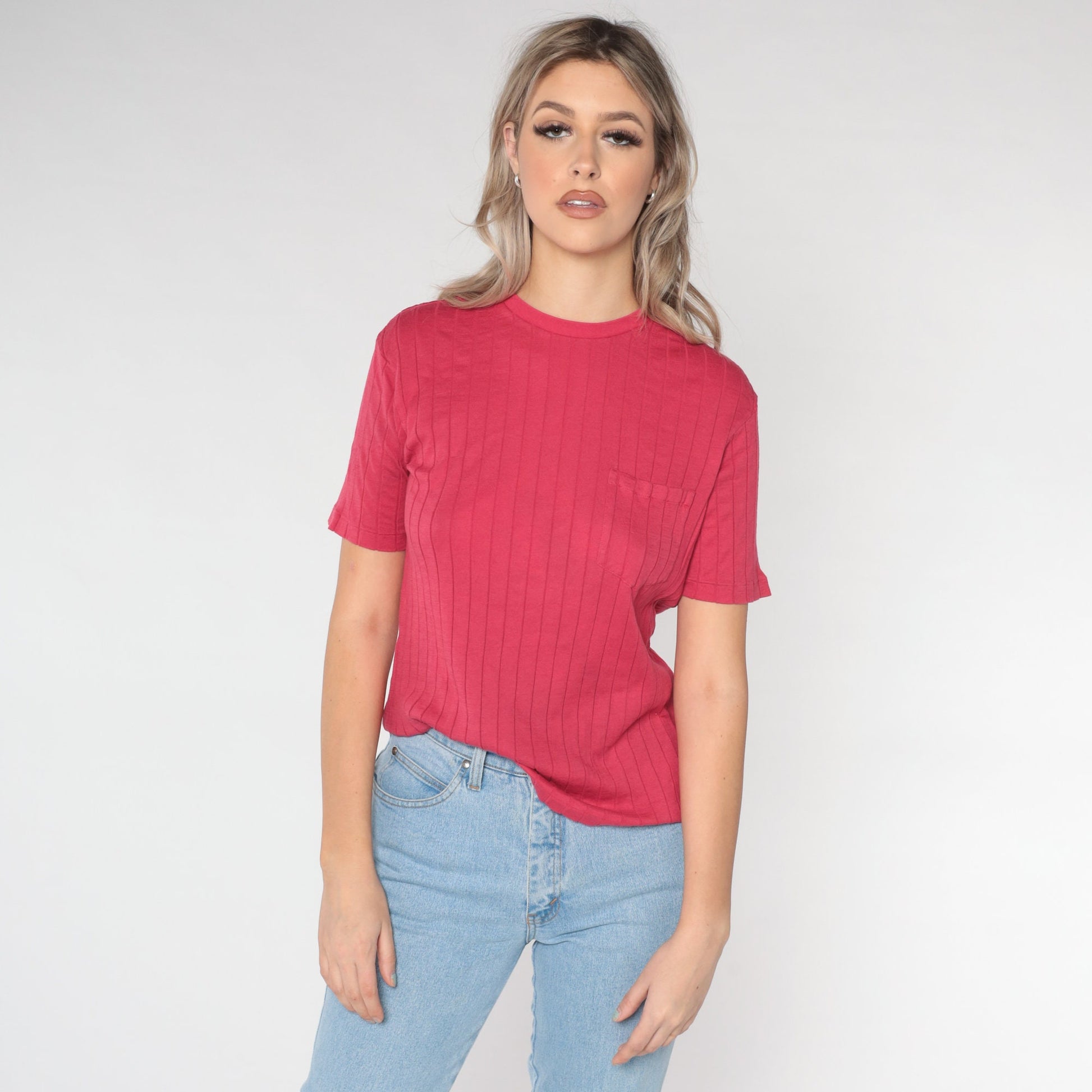00s Ralph Lauren Pink Pocket T-Shirt Cotton Textured Stripe Medium