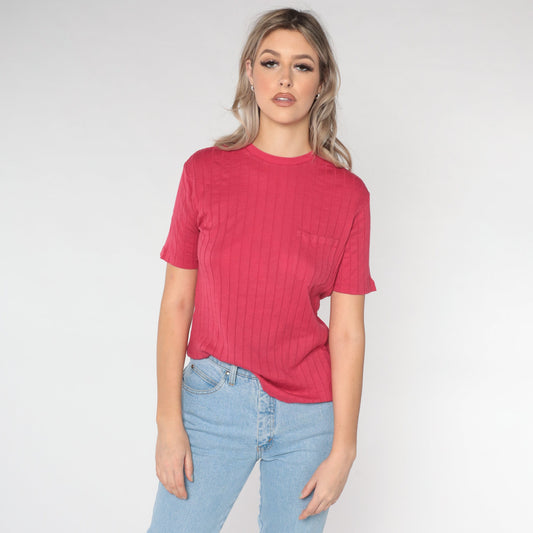 00s Ralph Lauren Pink Pocket T-Shirt Cotton Textured Stripe Medium