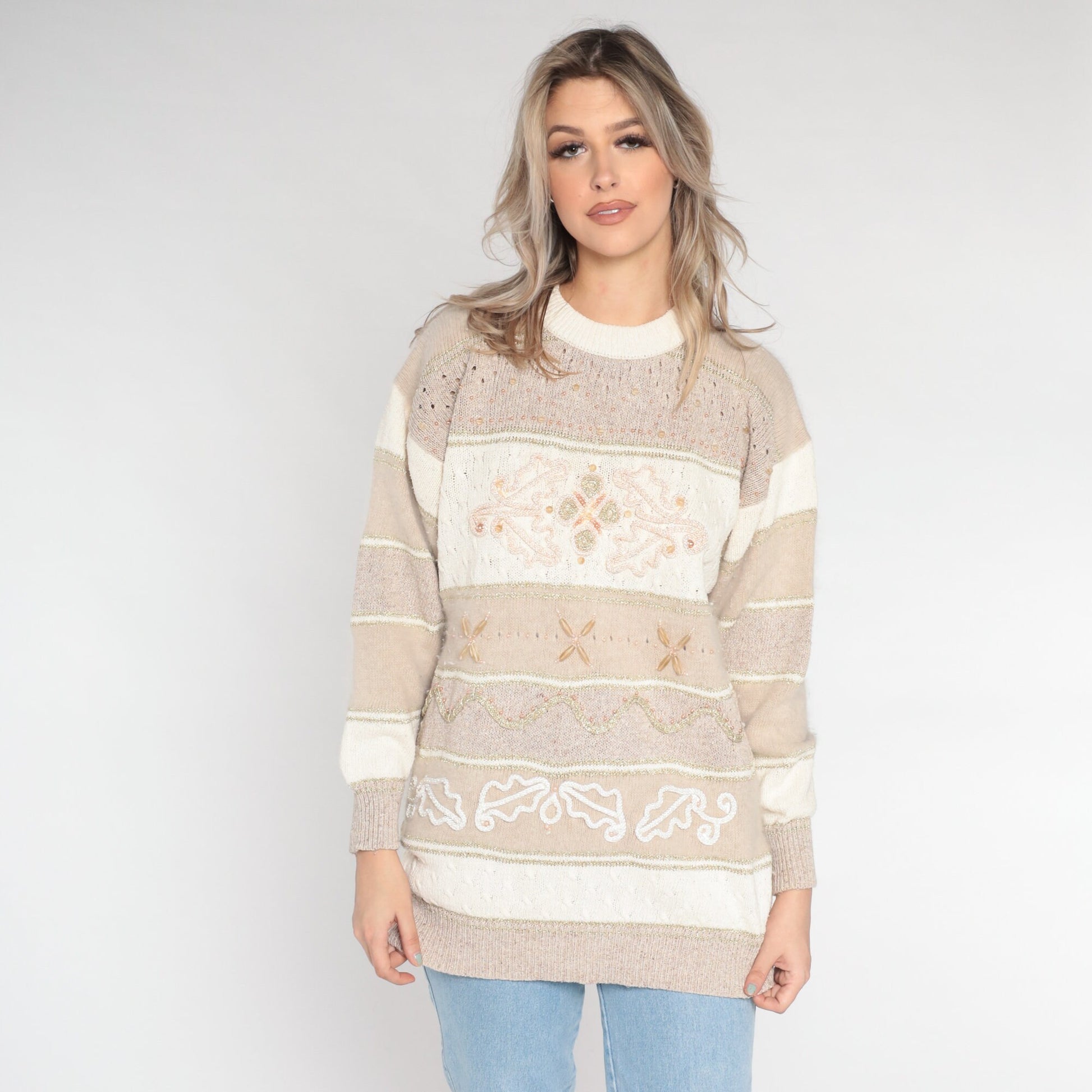 90s Tan Beaded Cutout Pullover Sweater Silk Wool Blend Extra Large