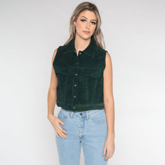 90s Dark Green Suede Leather Snap-Front Vest Small S