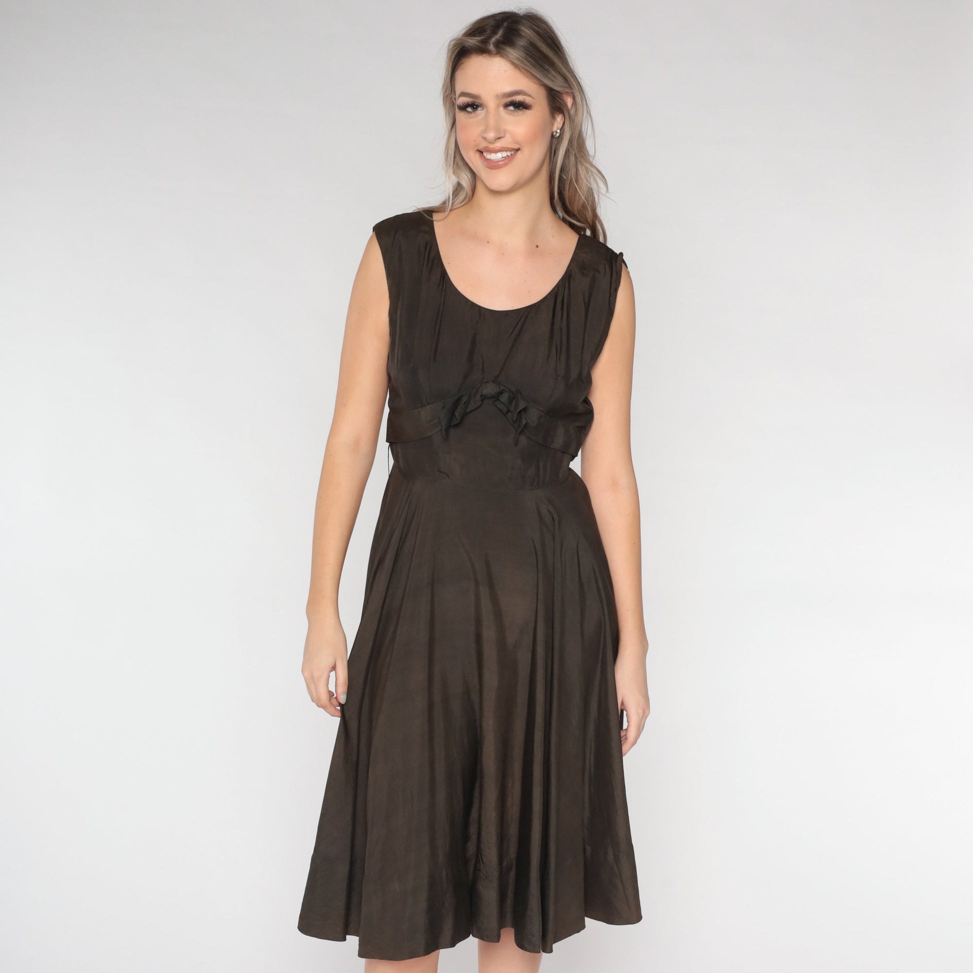 1950s Saks Fifth Avenue Brown Silk Dress Bow High Waist Tea Length Medium