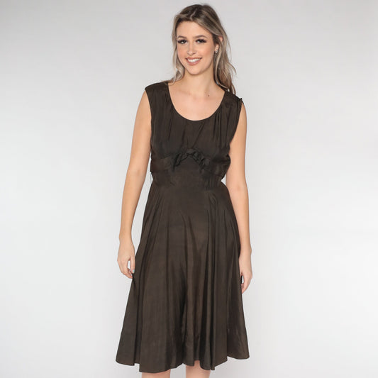 1950s Saks Fifth Avenue Brown Silk Dress Bow High Waist Tea Length Medium