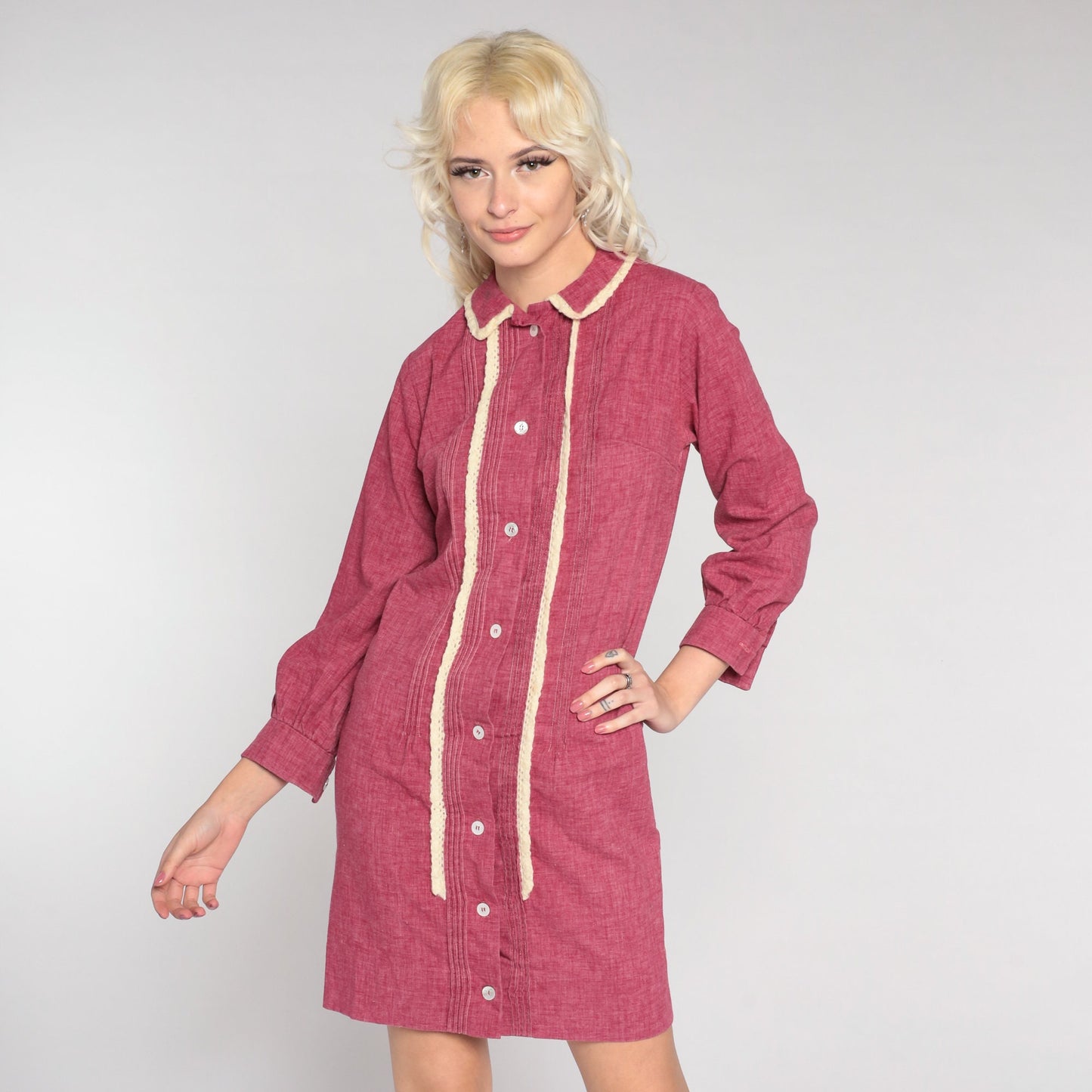 1960s Mod Burgundy Mini Shift Dress Lace Trim Button Front Small