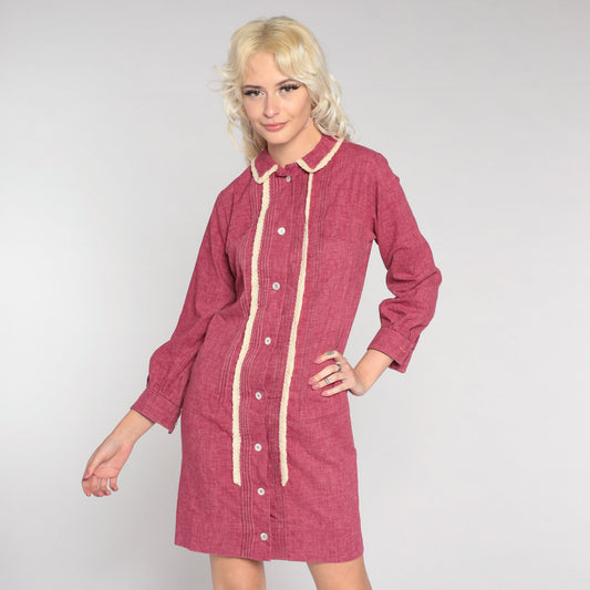 1960s Mod Burgundy Mini Shift Dress Lace Trim Button Front Small