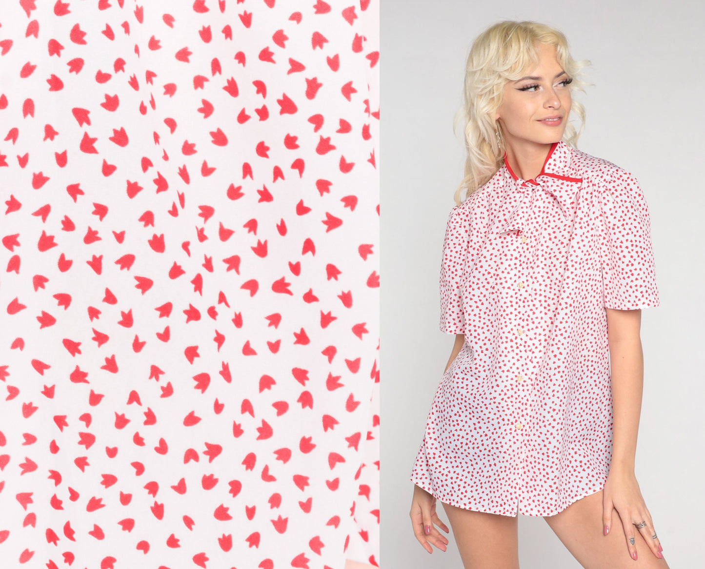 80s Red White Leaf Print Ascot Blouse Short Sleeve Button Up Medium Large
