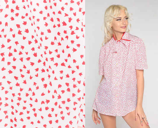 80s Red White Leaf Print Ascot Blouse Short Sleeve Button Up Medium Large