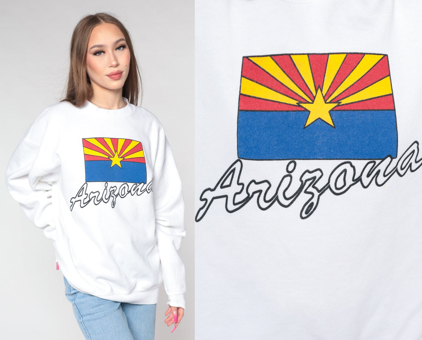 90s Arizona Flag Spellout Sweatshirt White Graphic Crewneck Extra Large XXL